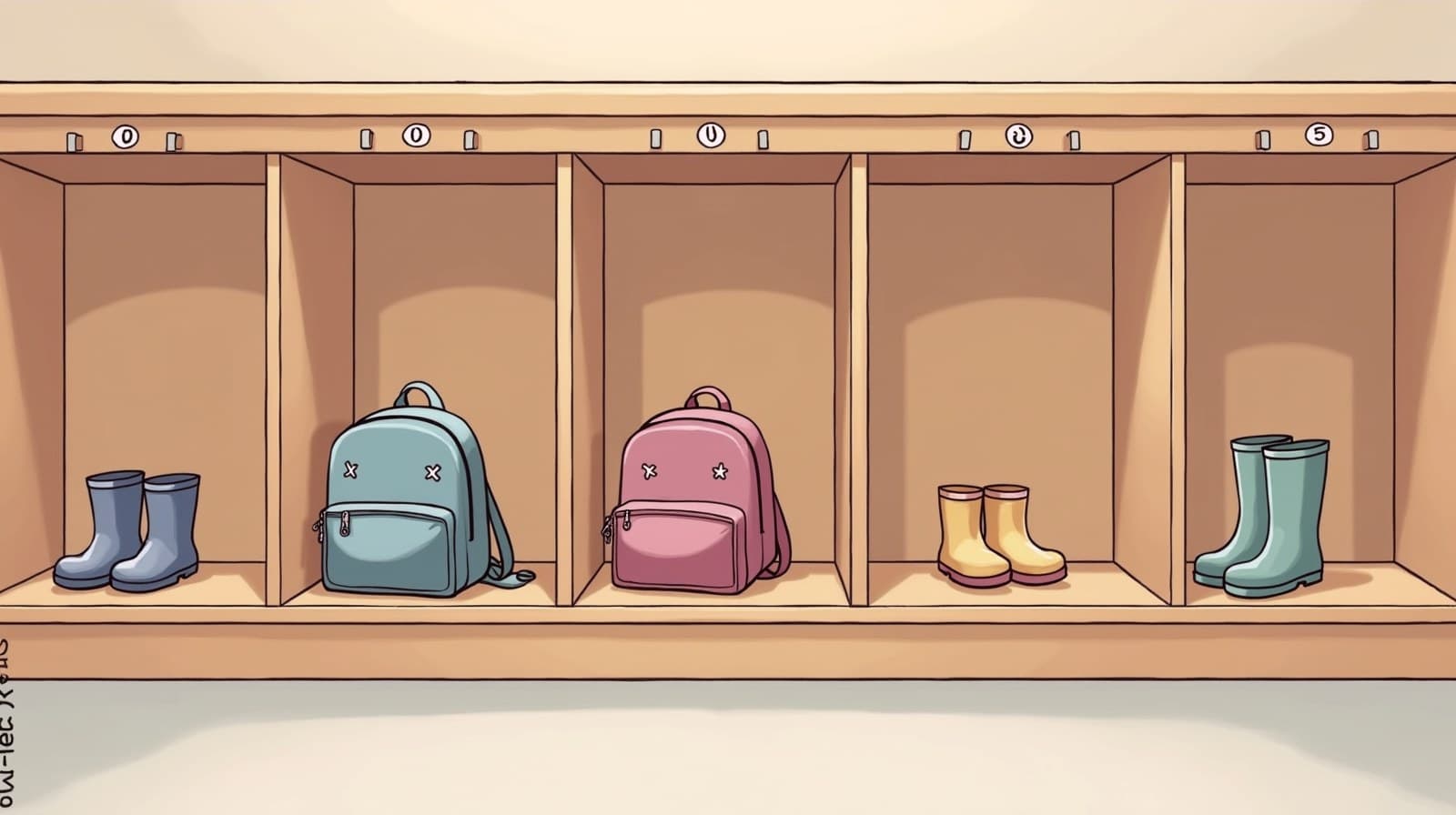 Editorial cartoon of a row of low classroom cubbies holding small backpacks, with tiny rain boots on the floor below — no people