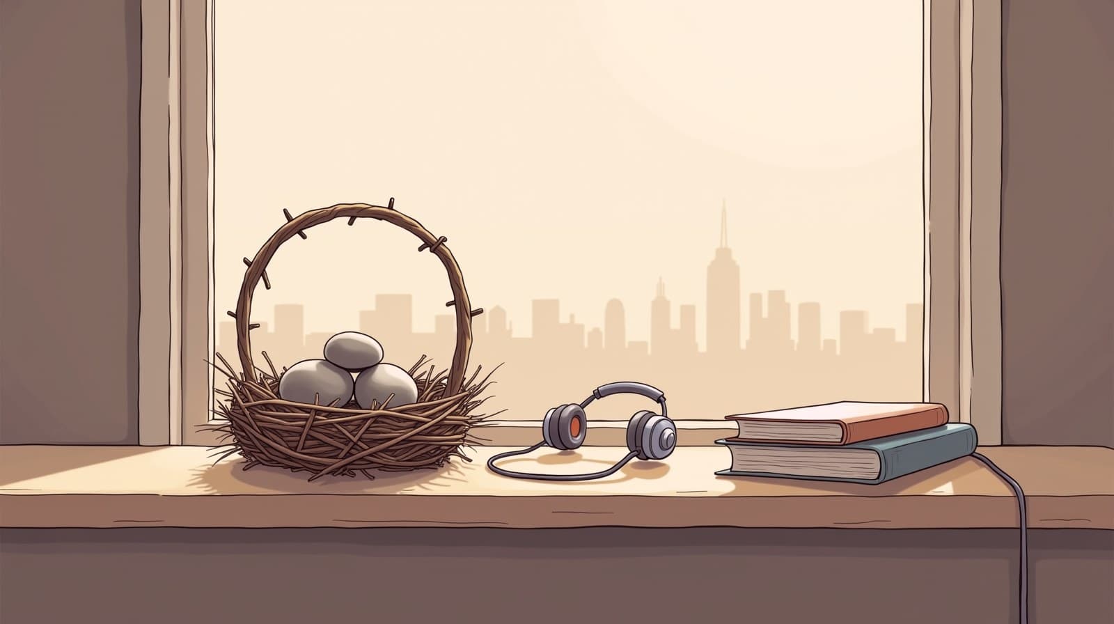 Editorial cartoon of a twig nest holding three smooth stones on a sunny windowsill beside a pair of headphones and a stack of books, a city skyline outside