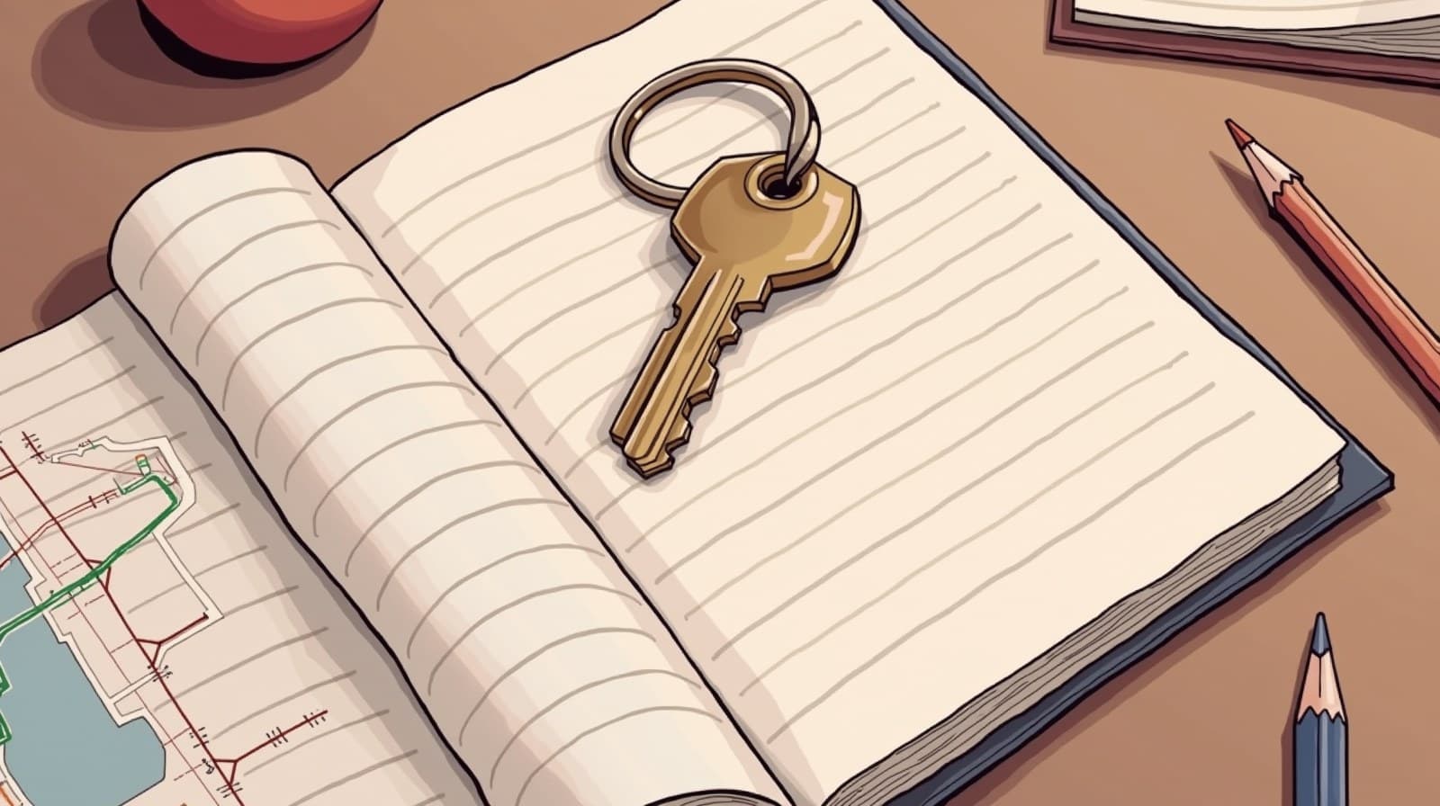 Editorial cartoon of a brass house key resting on an open school notebook beside a subway map, an apple and pencils