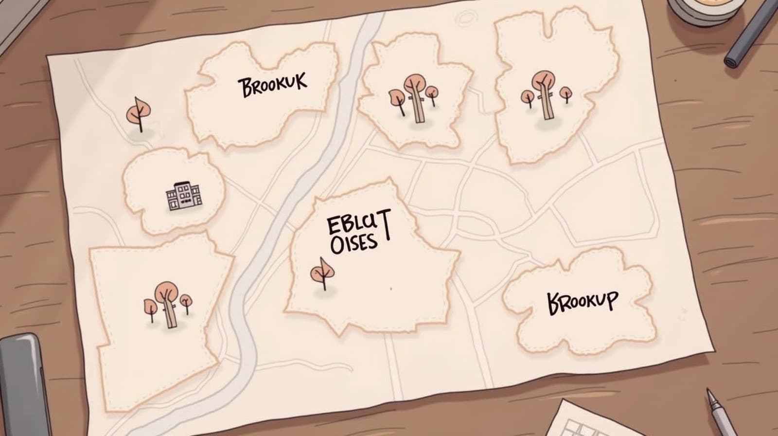 Editorial-cartoon map of Brooklyn with several family neighborhoods marked, each with a small school, park, and brownstone icon