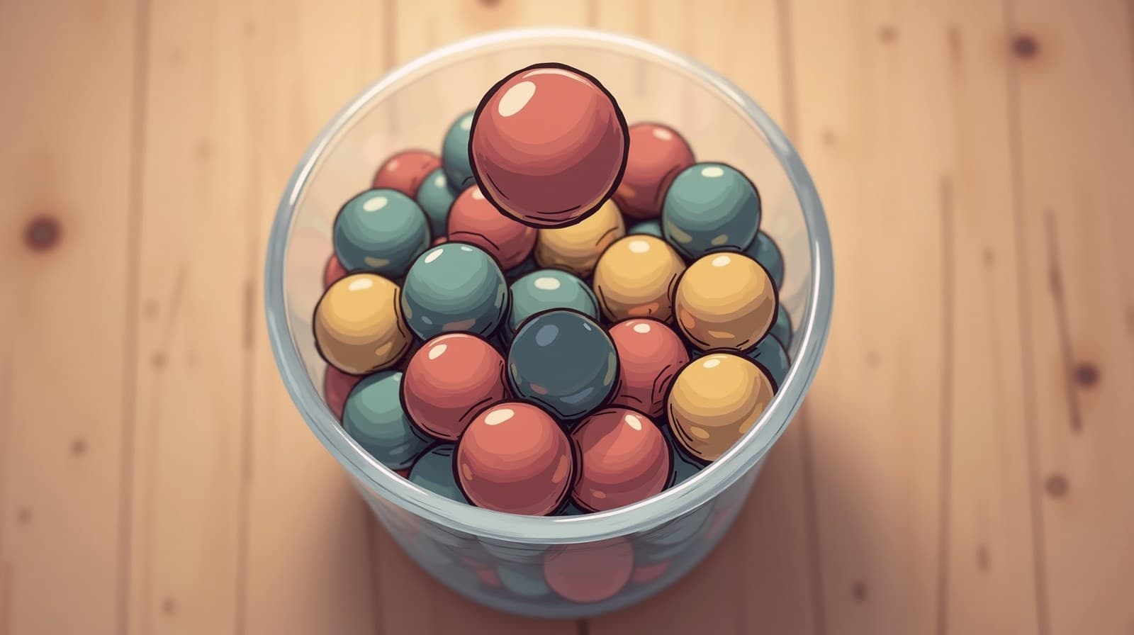 Editorial cartoon, top-down view of colored lottery balls in a clear glass bowl with one ball lifted slightly apart