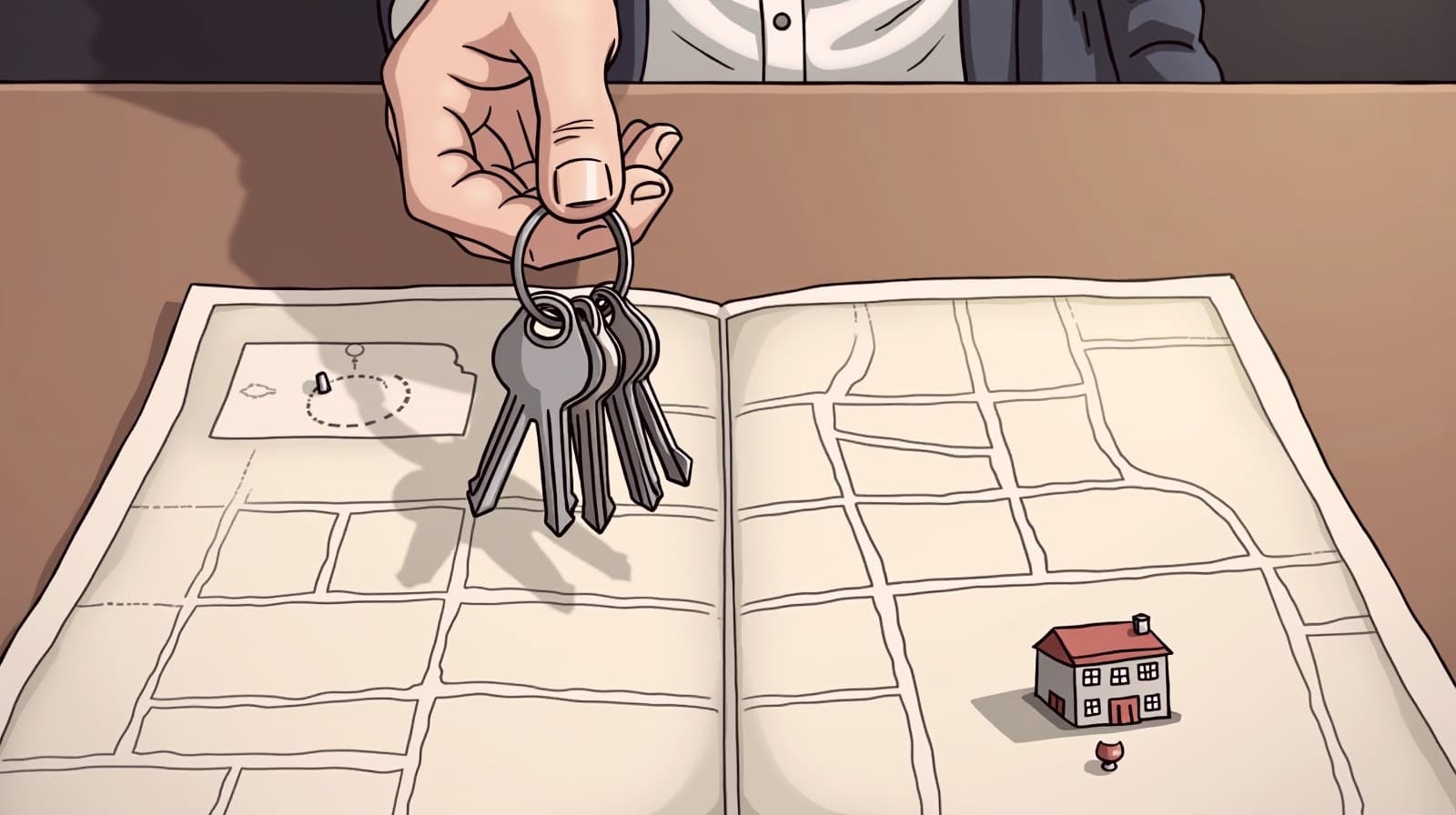 Editorial-cartoon of a hand holding apartment keys over a city map with a school building marked on a specific block