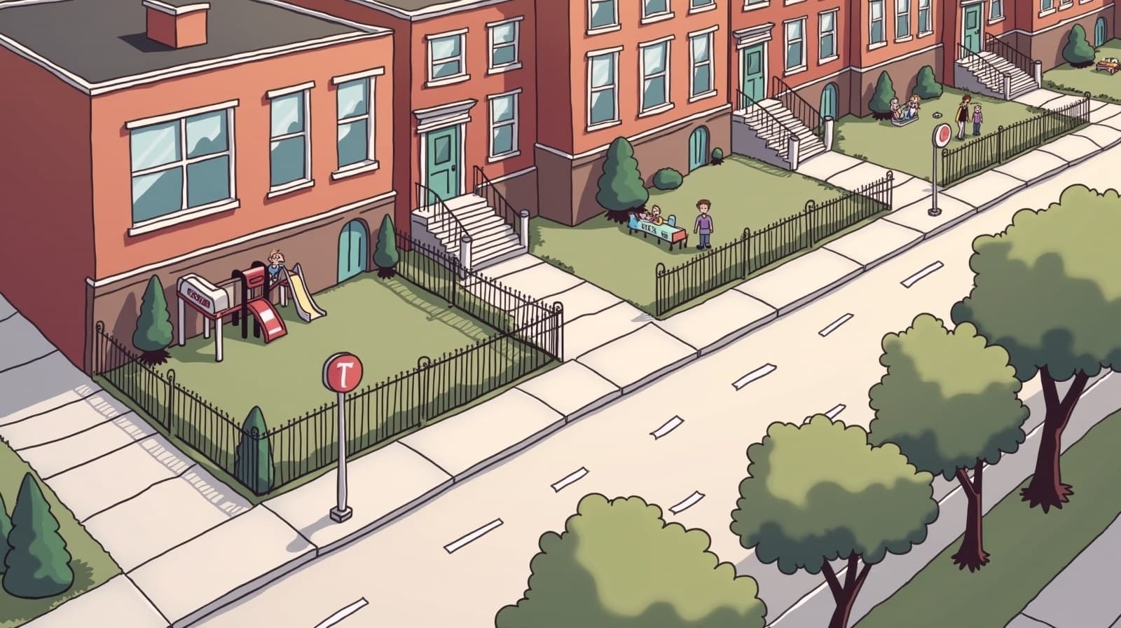 Editorial-cartoon aerial of a NYC neighborhood block with a school, a playground, a subway entrance, and brownstones connected by tree-lined streets
