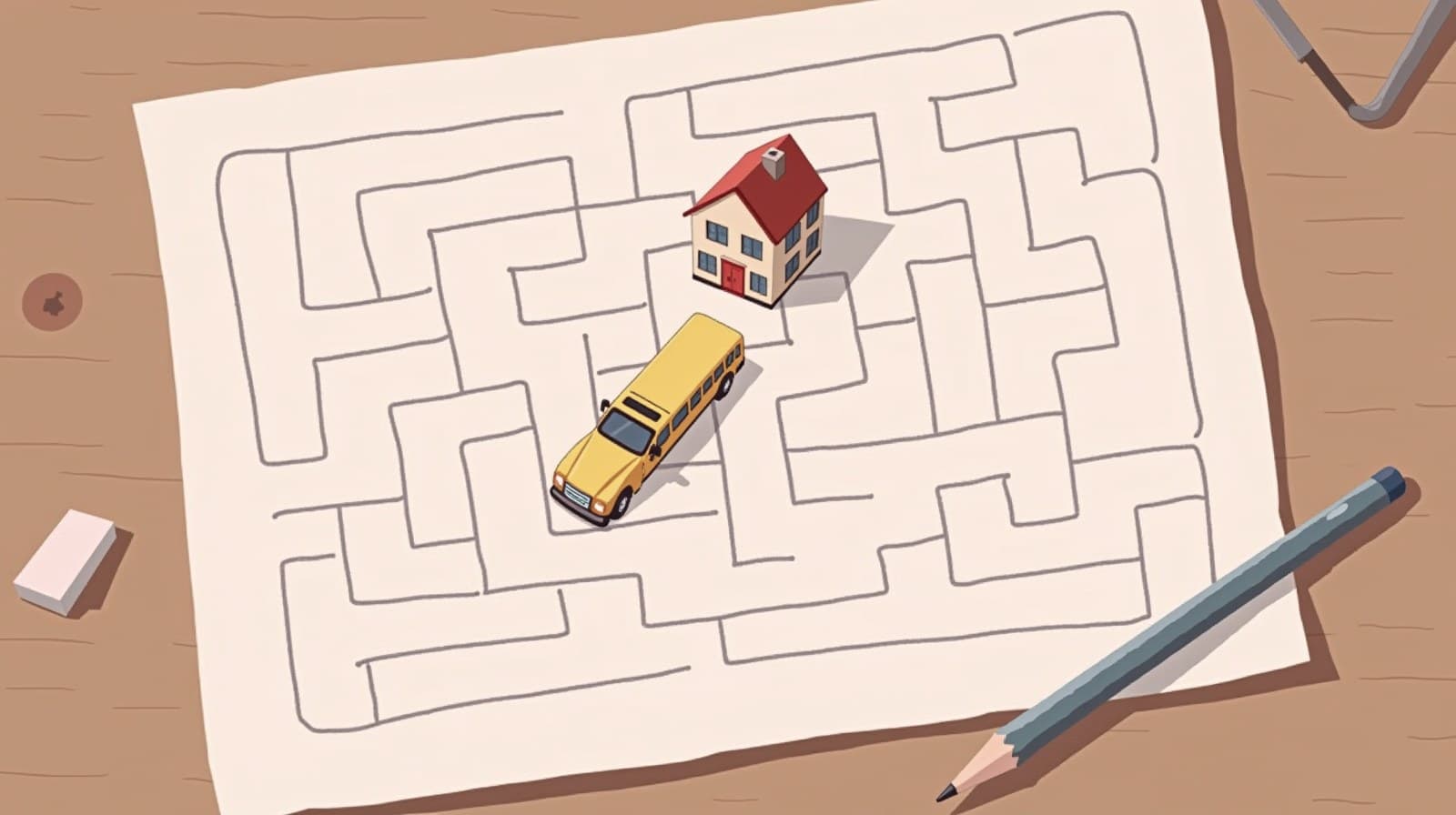 Editorial cartoon of a hand-drawn paper maze on a wooden table with a small yellow toy bus and a tiny model house on it, a pencil and an eraser beside it