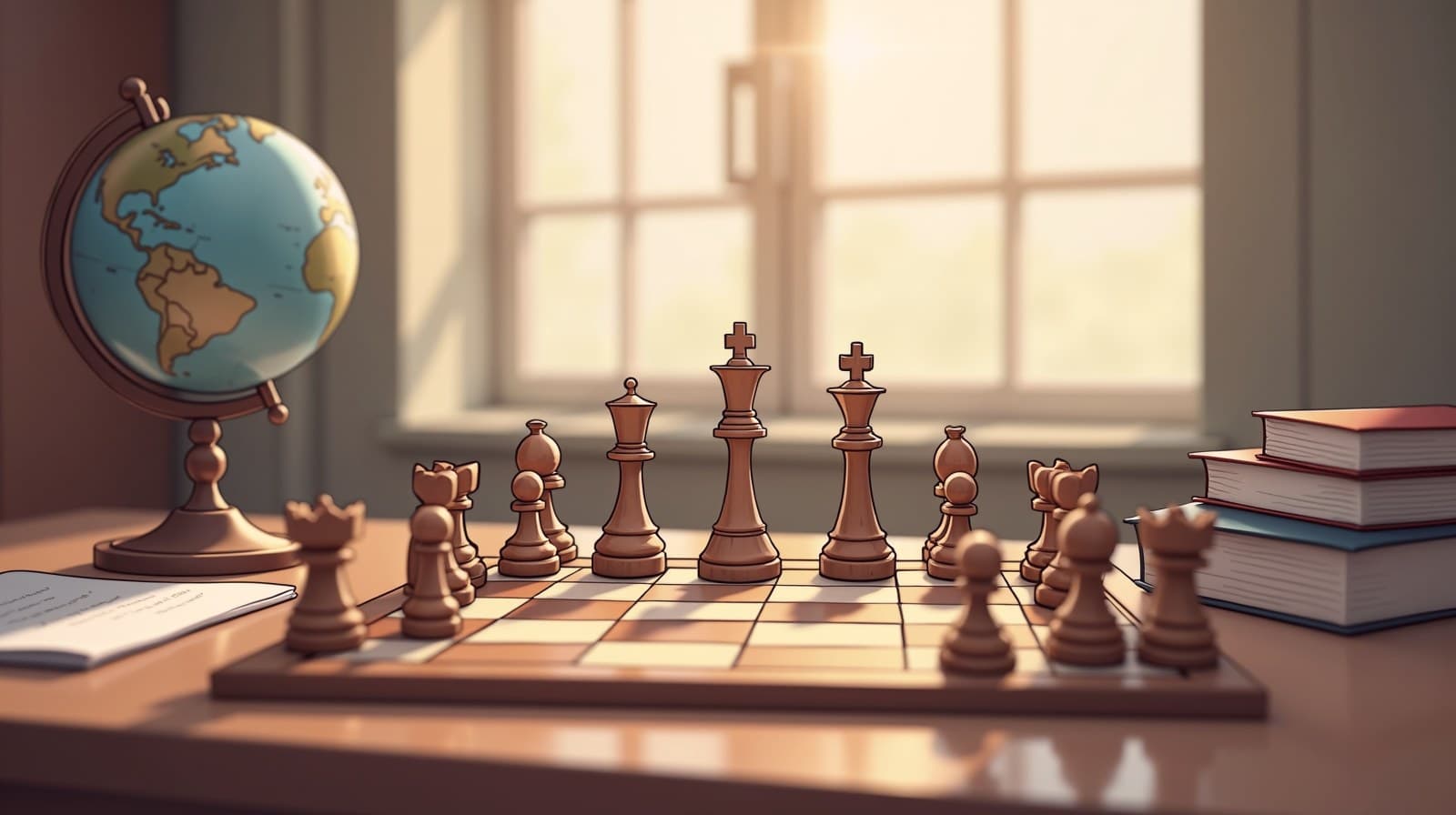 Editorial cartoon of a wooden chess set mid-game beside a desk globe and a stack of books on a sunlit table