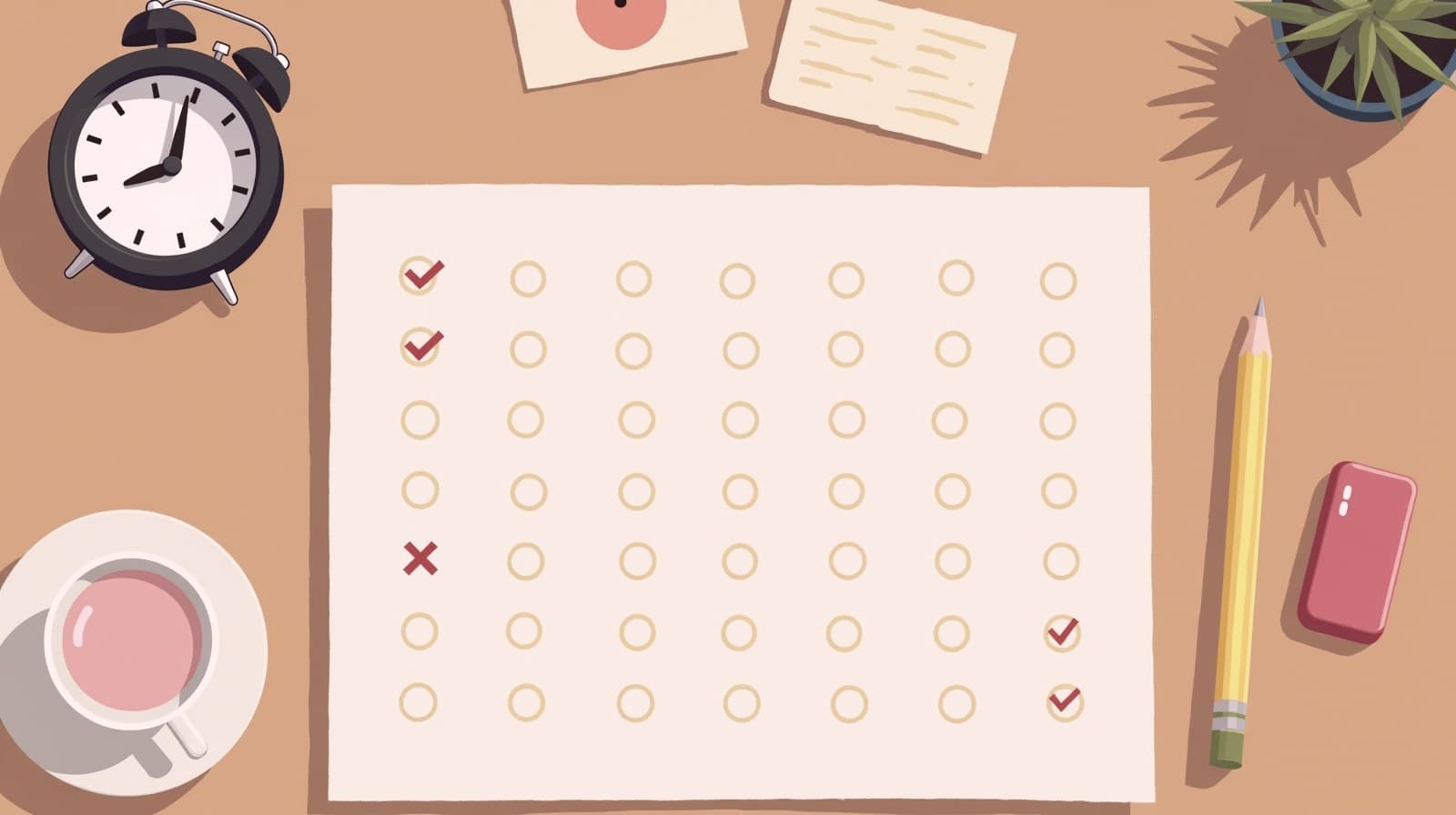 Editorial-cartoon overhead flat-lay of a blank multiple-choice answer sheet with a pencil, an eraser, and an alarm clock