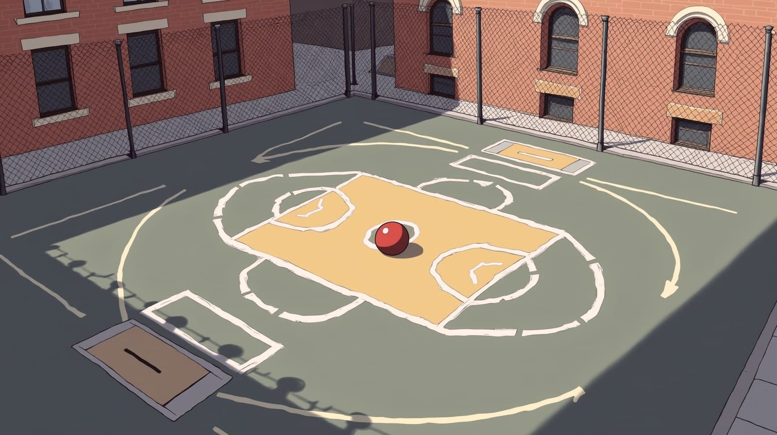 Editorial cartoon, high view of an empty NYC schoolyard blacktop with a painted hopscotch grid, a four-square court, and a kickball by a chain-link fence