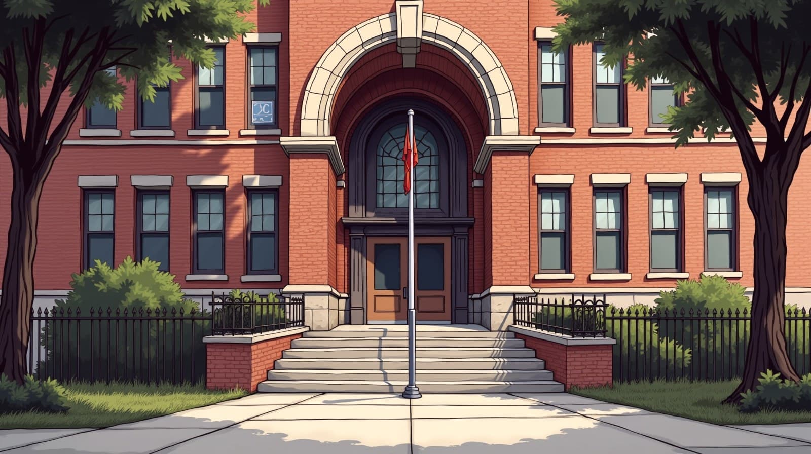 Editorial cartoon, low-angle view of a classic brick NYC middle school facade with tall windows, a flagpole, and stone steps