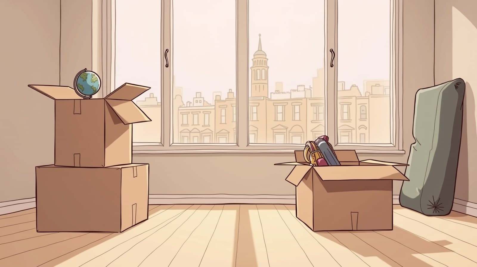 Editorial cartoon of moving boxes in a sunny empty apartment, a small globe in one open box and a child's backpack in another, brownstone rooftops in the window