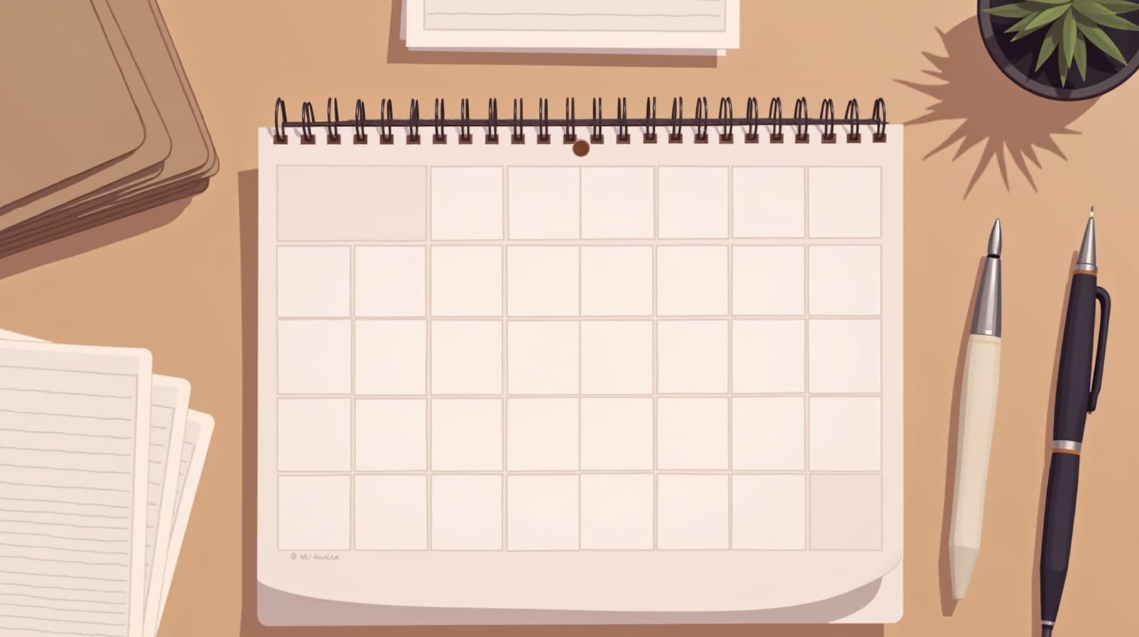 Editorial-cartoon overhead of a wall calendar and a stack of school application folders on a wooden desk, no text