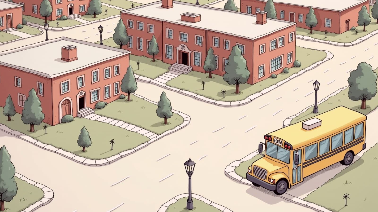 Editorial-cartoon isometric aerial of a city block with several different school buildings connected by tree-lined paths