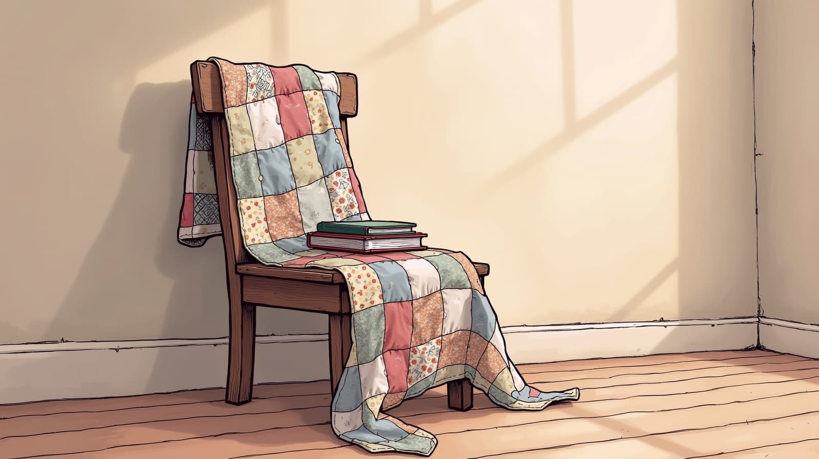 Editorial cartoon of a patchwork quilt of many different fabrics draped over a wooden school chair