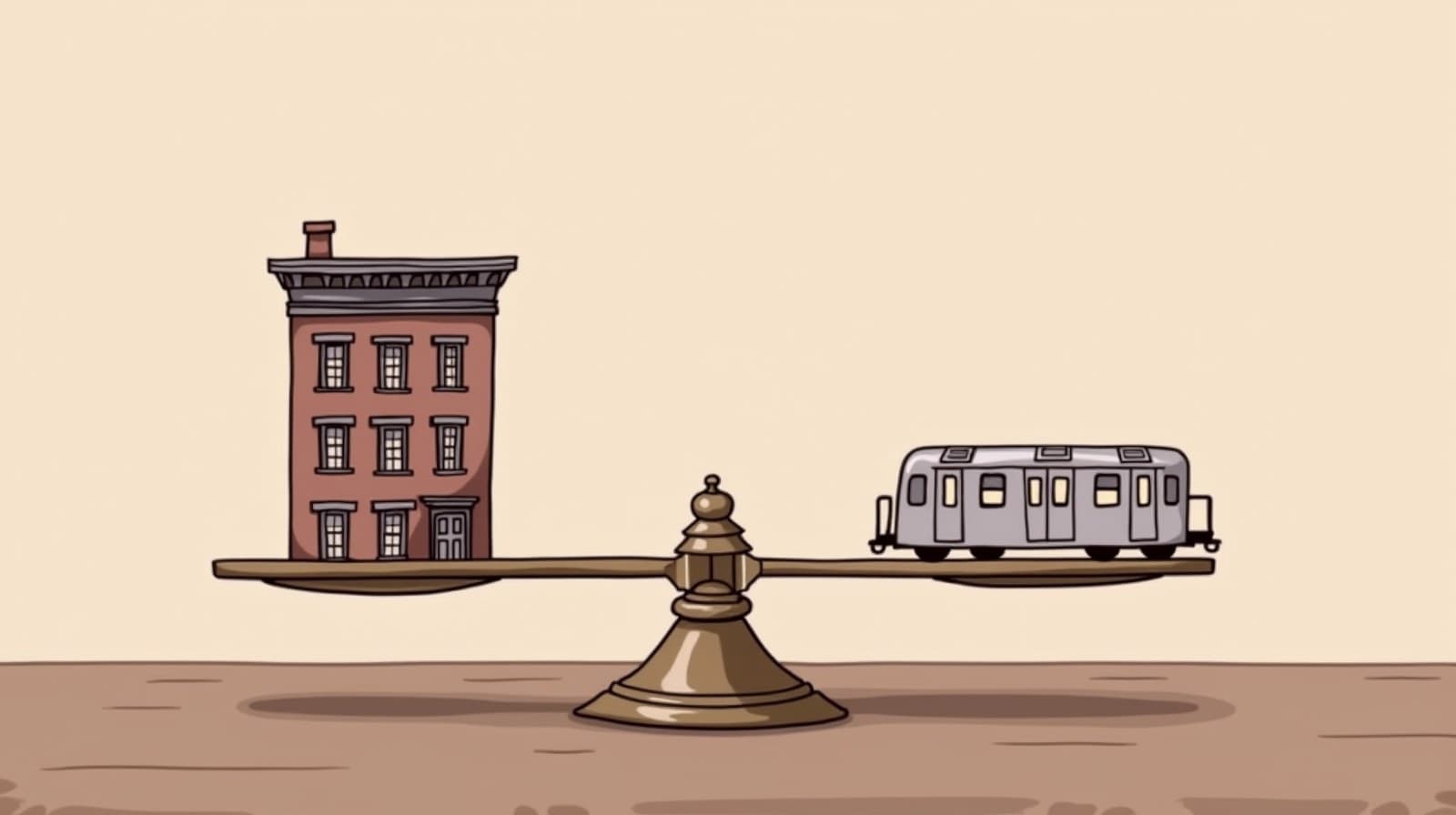 Editorial cartoon of a brass balance scale weighing a brownstone row house against a subway car