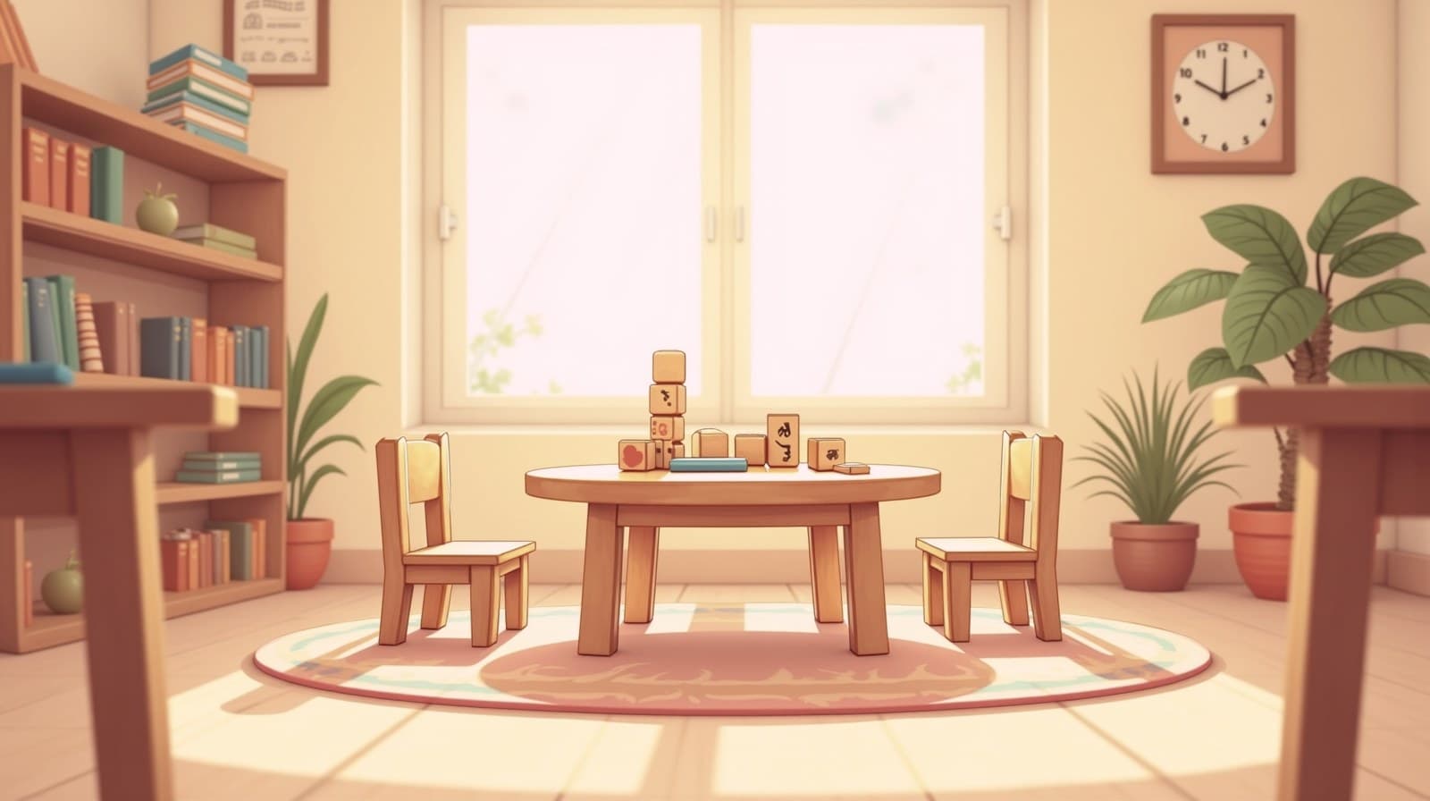 Editorial cartoon of a warm small-group learning corner — a low round table with small chairs, building blocks and picture cards, a rug and bookshelf — no people