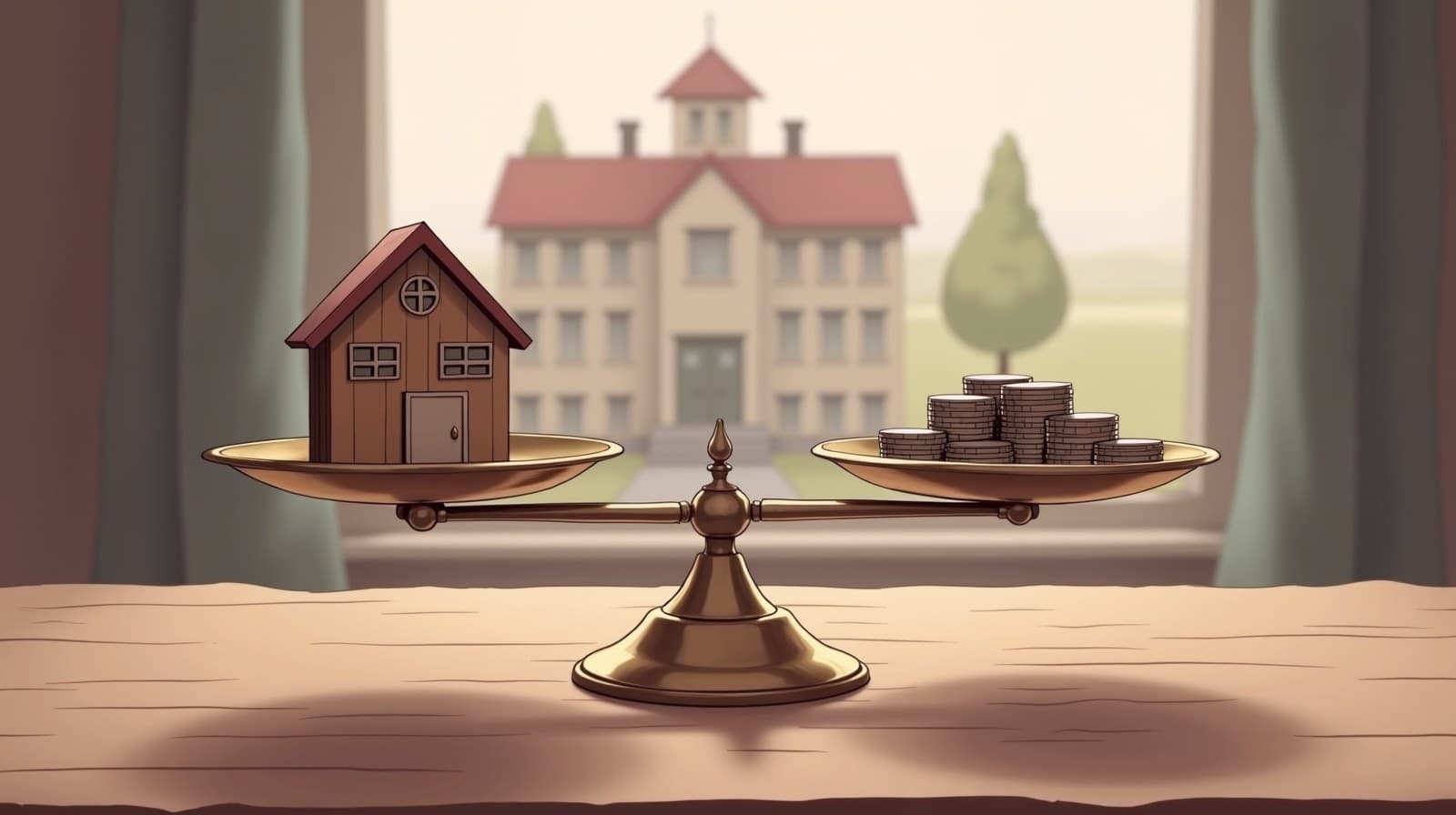 Editorial-cartoon of a balance scale weighing a small house against a stack of coins, with a school in the background