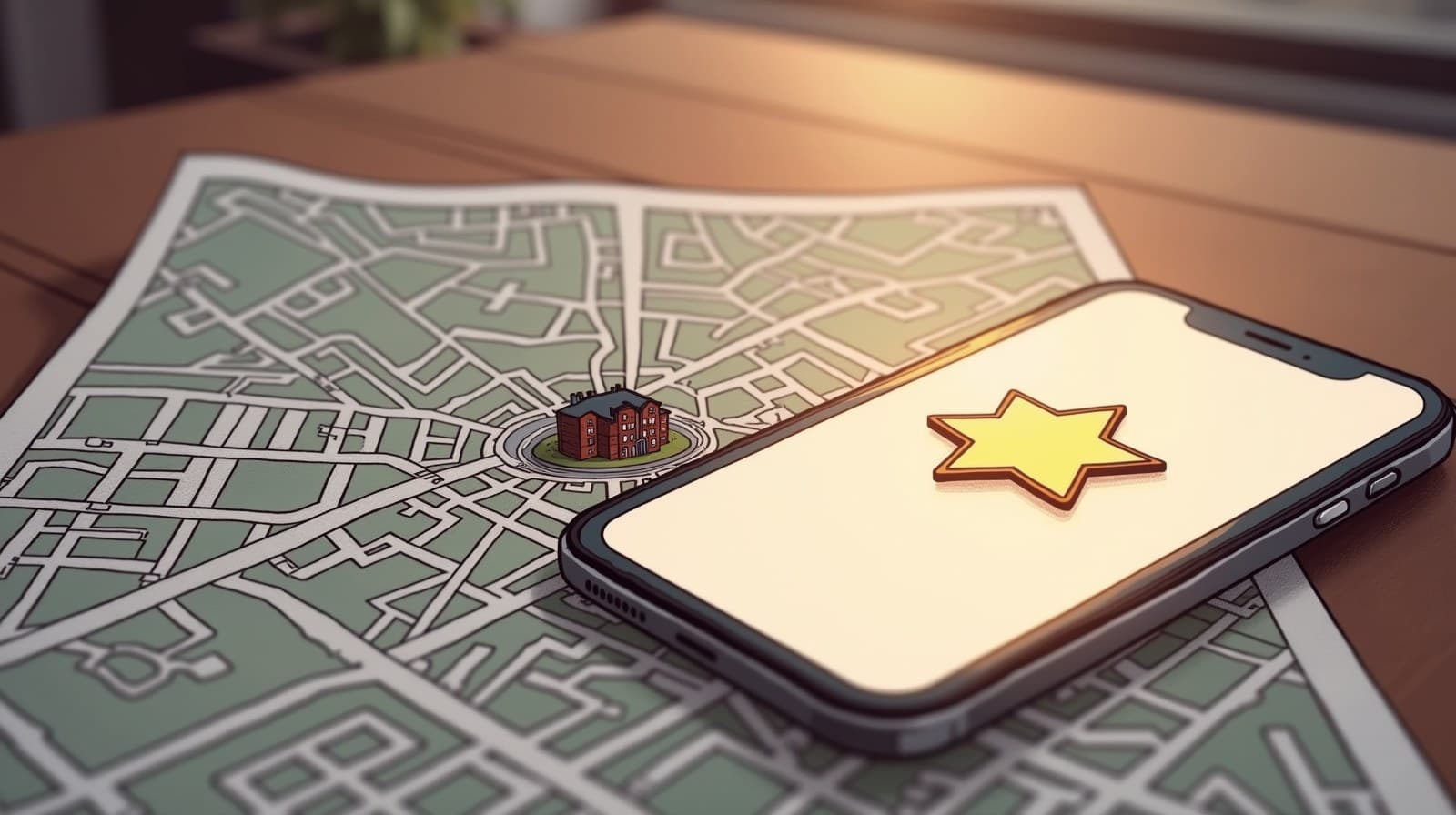 Editorial-cartoon of a phone showing an apartment listing with a single star-rating badge, laid over a detailed city street map