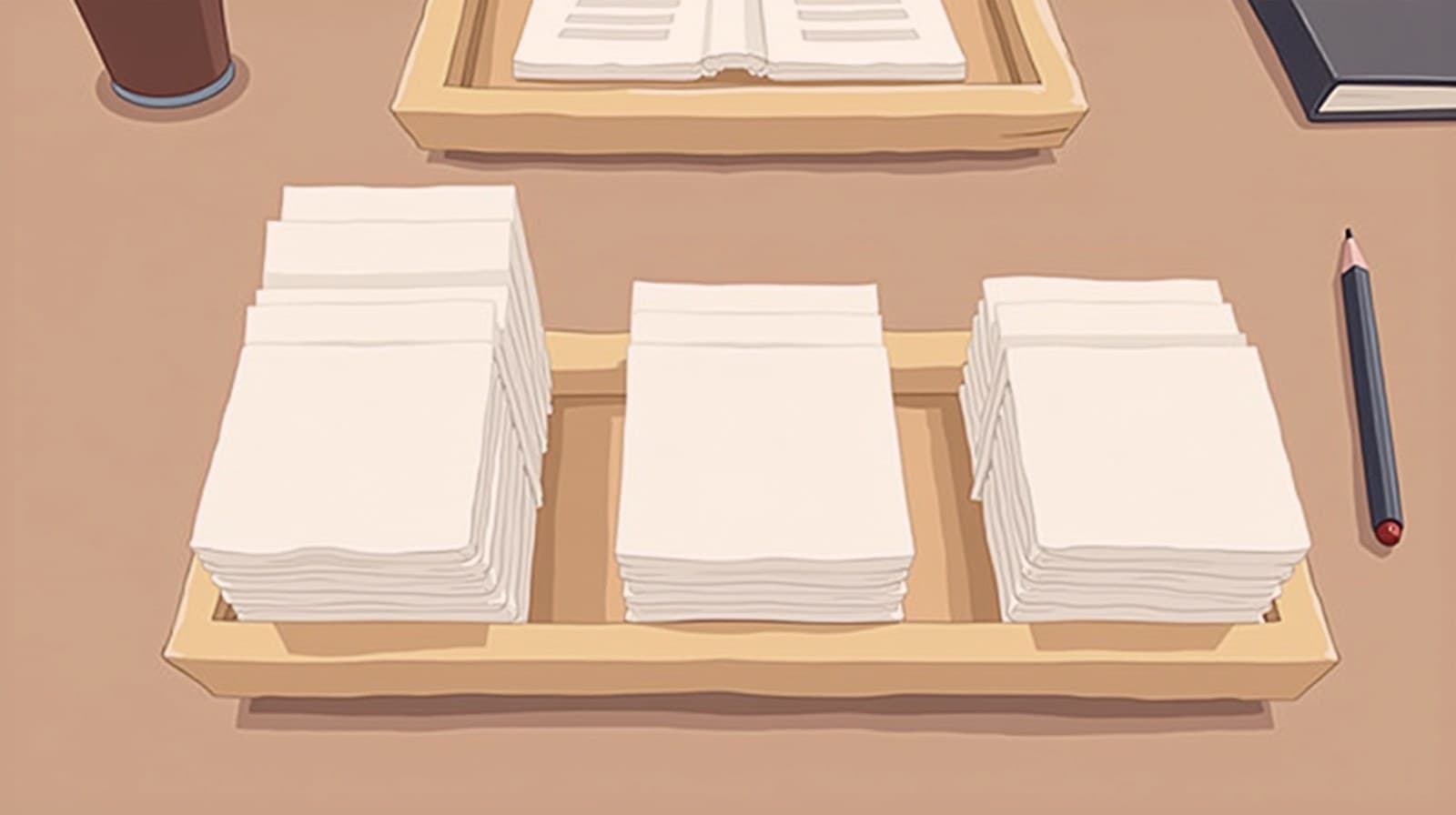 Editorial-cartoon overhead of a stack of report cards being sorted into ordered groups on a wooden desk
