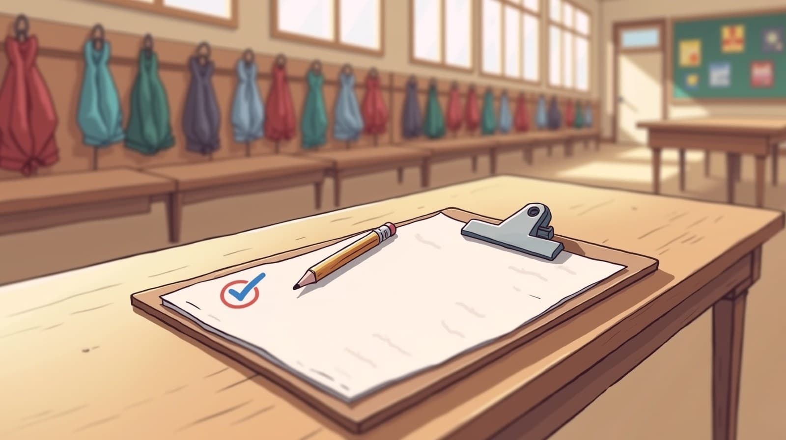 Editorial cartoon of a clipboard with a checklist and a pencil on a wooden table in a sunny school hallway, a row of small jackets on hooks behind it